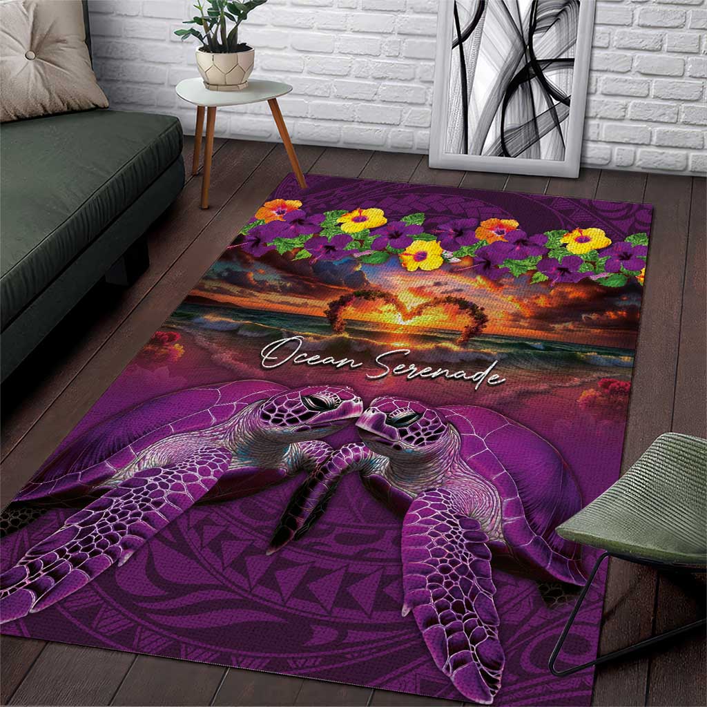 Hawaiian Turtle Love Couple Area Rug Ocean Serenade - Honu Honi Ihu with Hibiscus and Romantic Sunset Purple Color