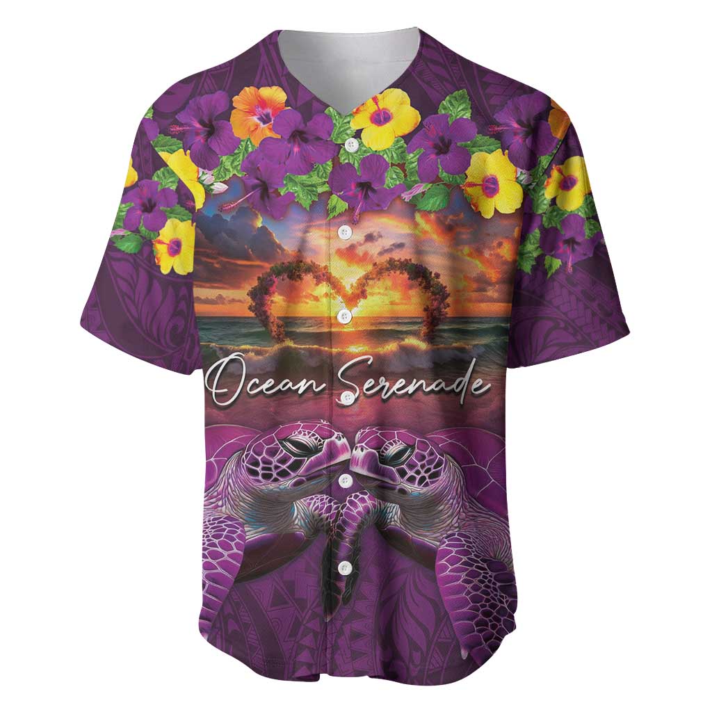 Hawaiian Turtle Love Couple Baseball Jersey Ocean Serenade - Honu Honi Ihu with Hibiscus and Romantic Sunset Purple Color