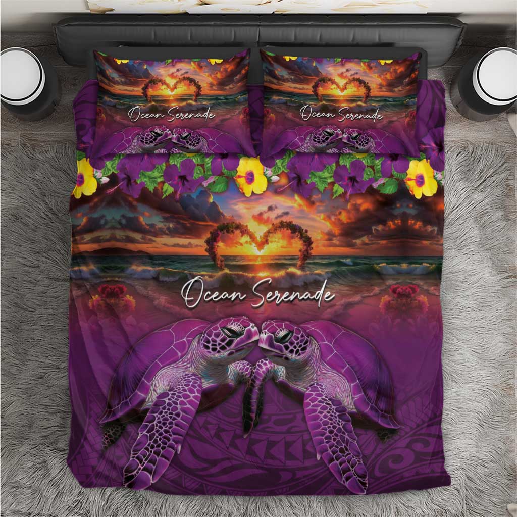 Hawaiian Turtle Love Couple Bedding Set Ocean Serenade - Honu Honi Ihu with Hibiscus and Romantic Sunset Purple Color LT03 Purple - Polynesian Pride
