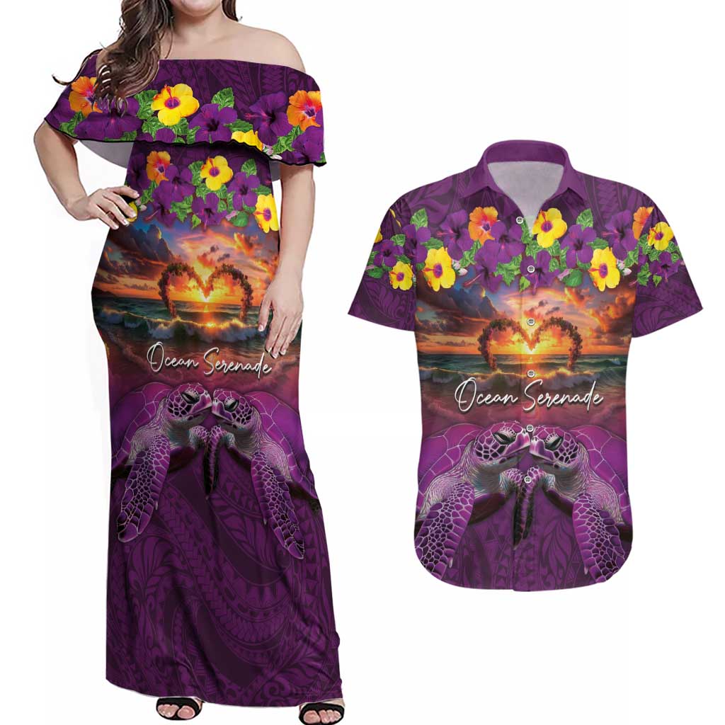 Hawaiian Turtle Love Couple Couples Matching Off Shoulder Maxi Dress and Hawaiian Shirt Ocean Serenade - Honu Honi Ihu with Hibiscus and Romantic Sunset Purple Color