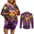 Hawaiian Turtle Love Couple Couples Matching Off Shoulder Short Dress and Long Sleeve Button Shirt Ocean Serenade - Honu Honi Ihu with Hibiscus and Romantic Sunset Purple Color