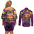 Hawaiian Turtle Love Couple Couples Matching Off Shoulder Short Dress and Long Sleeve Button Shirt Ocean Serenade - Honu Honi Ihu with Hibiscus and Romantic Sunset Purple Color