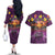 Hawaiian Turtle Love Couple Couples Matching Off The Shoulder Long Sleeve Dress and Hawaiian Shirt Ocean Serenade - Honu Honi Ihu with Hibiscus and Romantic Sunset Purple Color