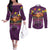 Hawaiian Turtle Love Couple Couples Matching Off The Shoulder Long Sleeve Dress and Long Sleeve Button Shirt Ocean Serenade - Honu Honi Ihu with Hibiscus and Romantic Sunset Purple Color