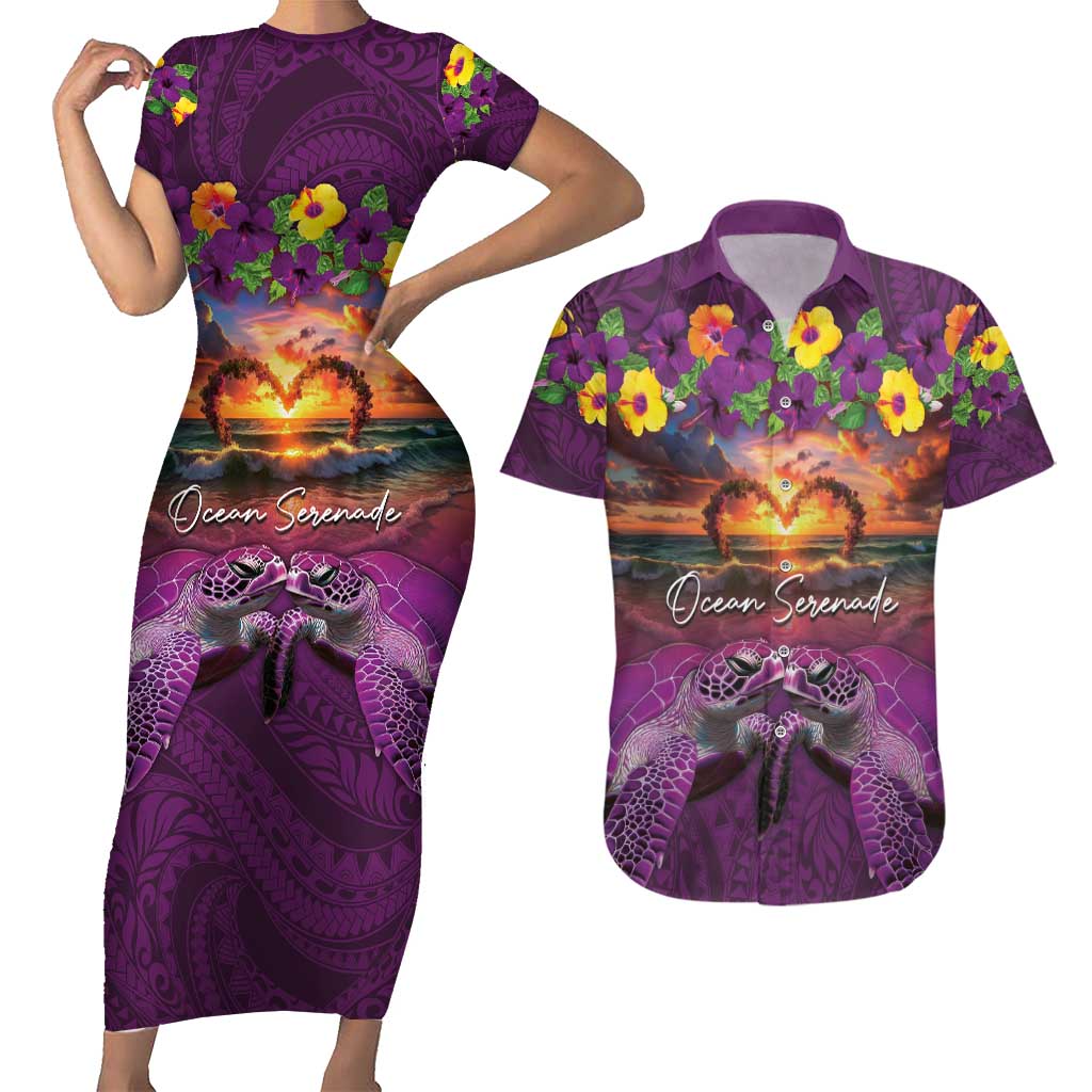 Hawaiian Turtle Love Couple Couples Matching Short Sleeve Bodycon Dress and Hawaiian Shirt Ocean Serenade - Honu Honi Ihu with Hibiscus and Romantic Sunset Purple Color