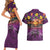 Hawaiian Turtle Love Couple Couples Matching Short Sleeve Bodycon Dress and Hawaiian Shirt Ocean Serenade - Honu Honi Ihu with Hibiscus and Romantic Sunset Purple Color