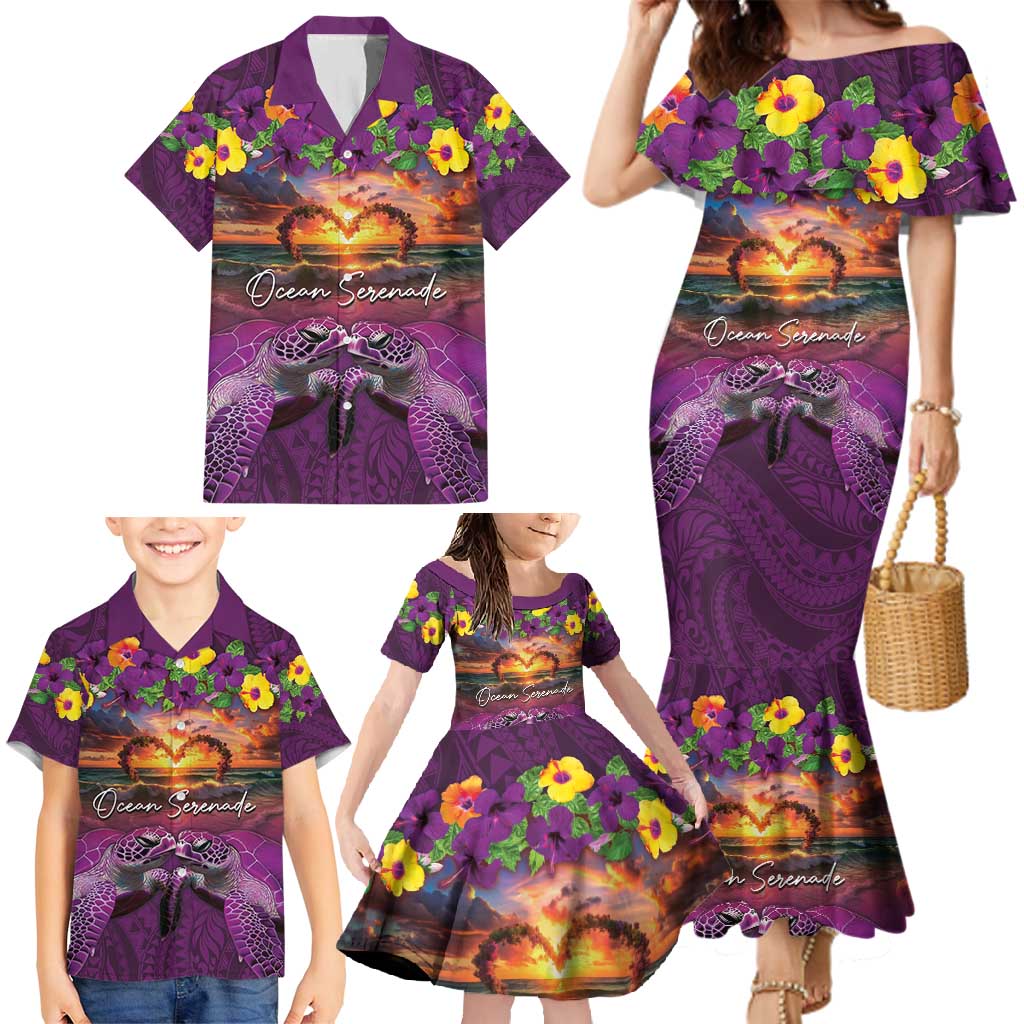 Hawaiian Turtle Love Couple Family Matching Mermaid Dress and Hawaiian Shirt Ocean Serenade - Honu Honi Ihu with Hibiscus and Romantic Sunset Purple Color