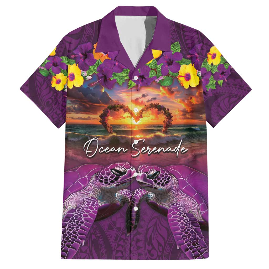 Hawaiian Turtle Love Couple Hawaiian Shirt Ocean Serenade - Honu Honi Ihu with Hibiscus and Romantic Sunset Purple Color LT03 Purple - Polynesian Pride
