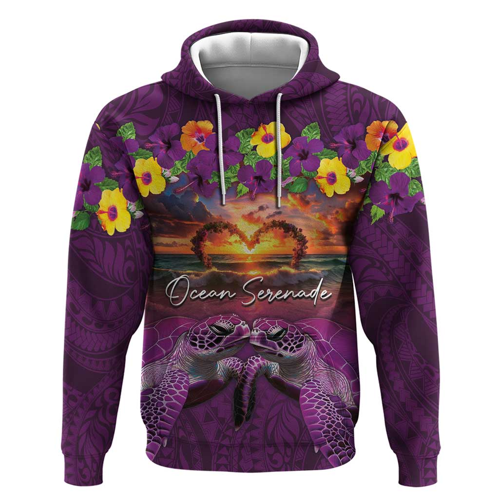 Hawaiian Turtle Love Couple Hoodie Ocean Serenade - Honu Honi Ihu with Hibiscus and Romantic Sunset Purple Color LT03 Pullover Hoodie Purple - Polynesian Pride