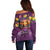 Hawaiian Turtle Love Couple Off Shoulder Sweater Ocean Serenade - Honu Honi Ihu with Hibiscus and Romantic Sunset Purple Color