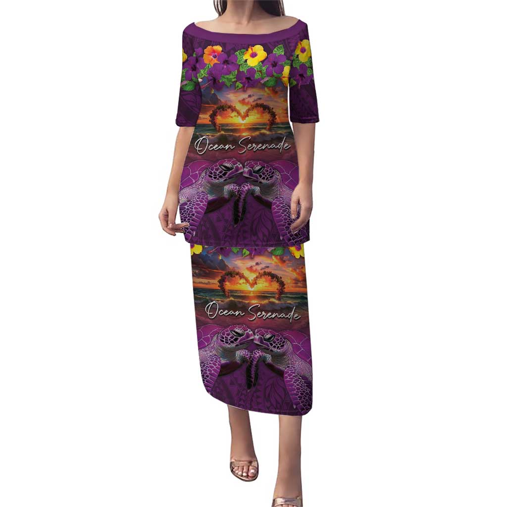 Hawaiian Turtle Love Couple Puletasi Ocean Serenade - Honu Honi Ihu with Hibiscus and Romantic Sunset Purple Color LT03 Long Dress Purple - Polynesian Pride