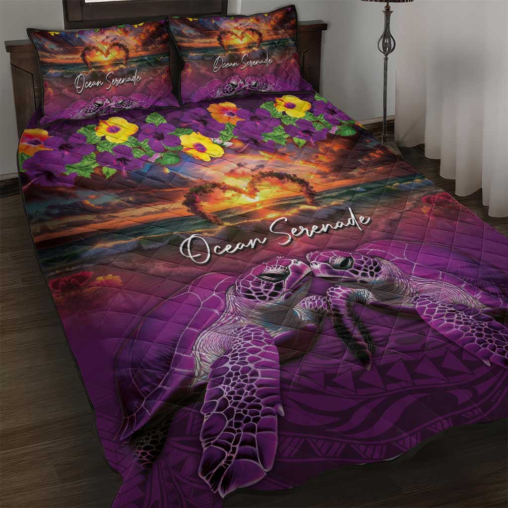 Hawaiian Turtle Love Couple Quilt Bed Set Ocean Serenade - Honu Honi Ihu with Hibiscus and Romantic Sunset Purple Color LT03 Purple - Polynesian Pride
