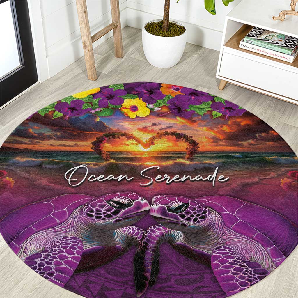 Hawaiian Turtle Love Couple Round Carpet Ocean Serenade - Honu Honi Ihu with Hibiscus and Romantic Sunset Purple Color LT03 Purple - Polynesian Pride