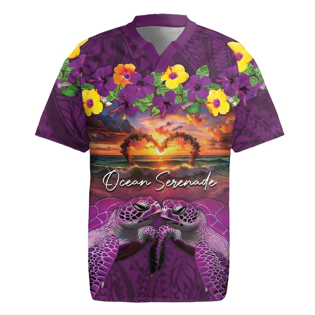 Hawaiian Turtle Love Couple Rugby Jersey Ocean Serenade - Honu Honi Ihu with Hibiscus and Romantic Sunset Purple Color LT03 Purple - Polynesian Pride