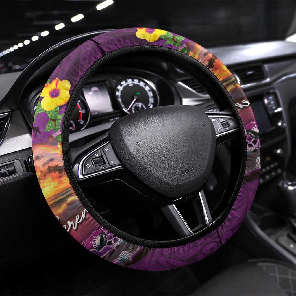 Hawaiian Turtle Love Couple Steering Wheel Cover Ocean Serenade - Honu Honi Ihu with Hibiscus and Romantic Sunset Purple Color