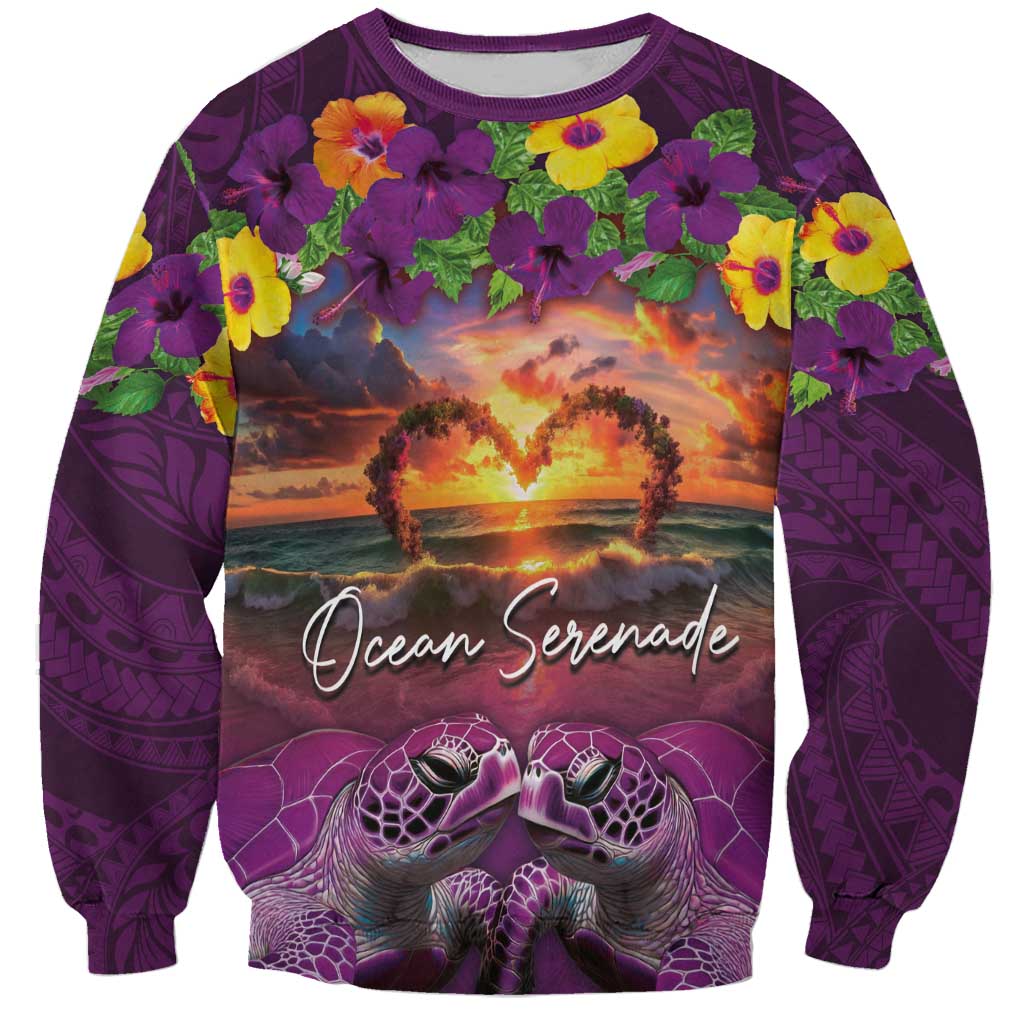Hawaiian Turtle Love Couple Sweatshirt Ocean Serenade - Honu Honi Ihu with Hibiscus and Romantic Sunset Purple Color LT03 Unisex Purple - Polynesian Pride