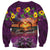 Hawaiian Turtle Love Couple Sweatshirt Ocean Serenade - Honu Honi Ihu with Hibiscus and Romantic Sunset Purple Color