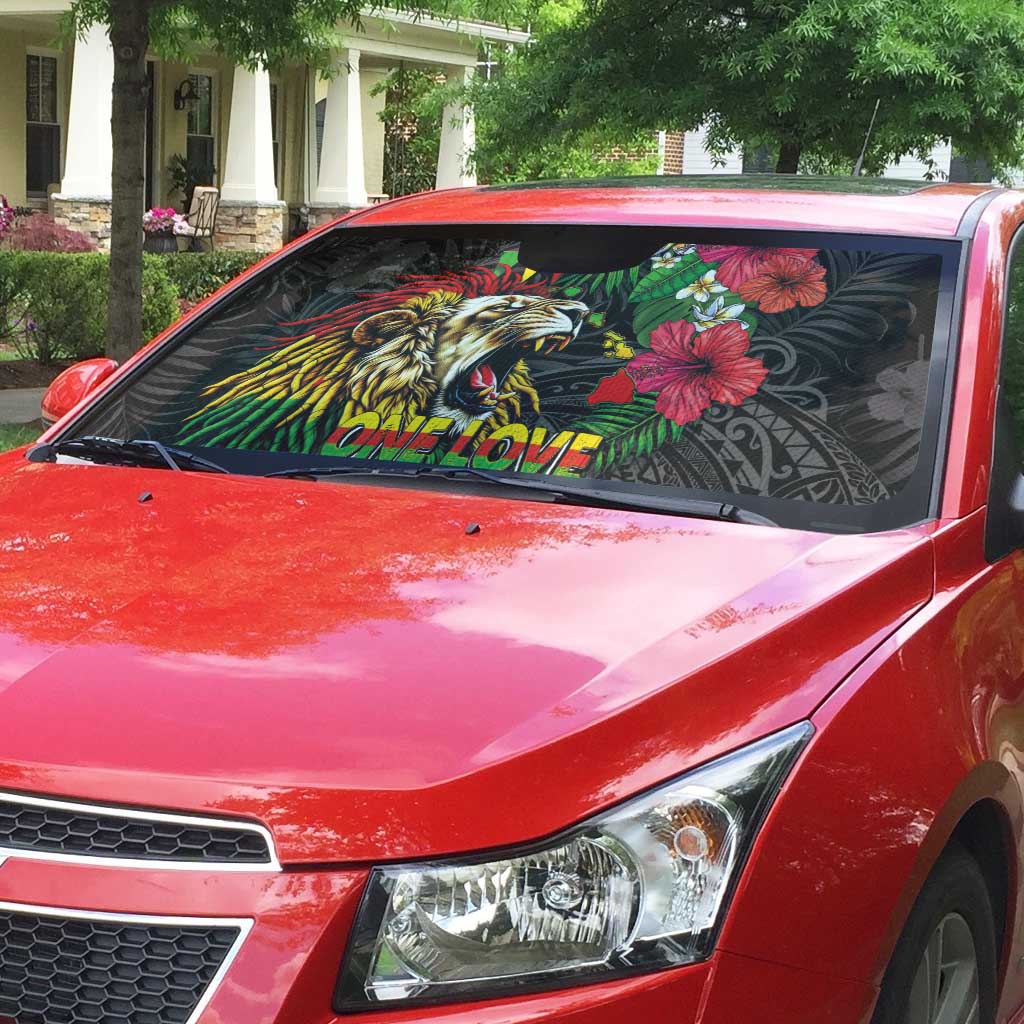Hawaiian One Love Auto Sun Shade Reggae Lion Tropical Plants and Kakau with Tribal Pattern LT03 - Polynesian Pride