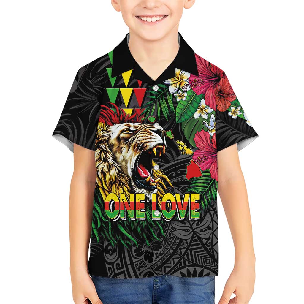 Hawaiian One Love Kid Hawaiian Shirt Reggae Lion Tropical Plants and Kakau with Tribal Pattern LT03 Kid Black - Polynesian Pride