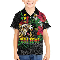 Hawaiian One Love Kid Hawaiian Shirt Reggae Lion Tropical Plants and Kakau with Tribal Pattern LT03 Kid Black - Polynesian Pride