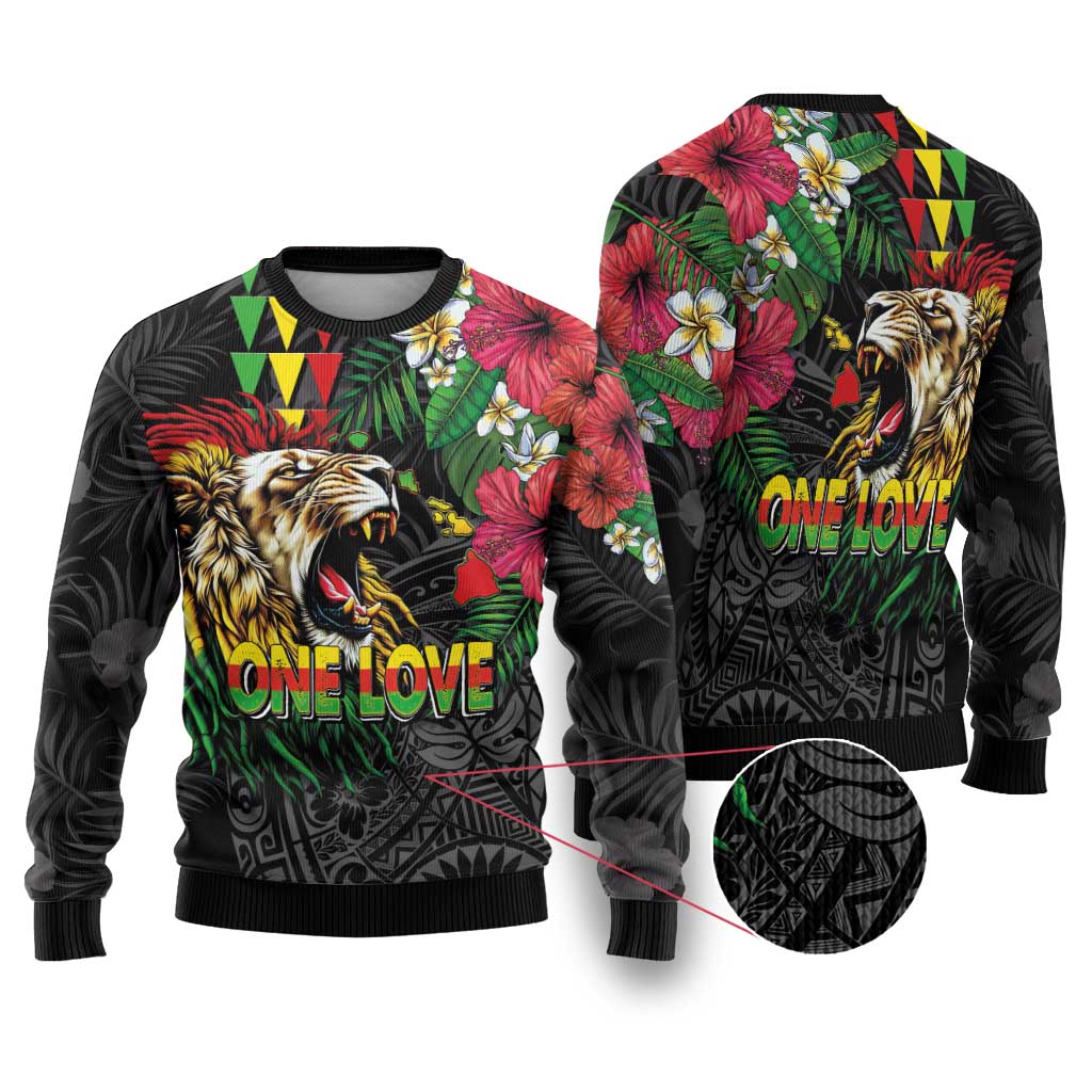 Hawaiian One Love Ugly Christmas Sweater Reggae Lion Tropical Plants and Kakau with Tribal Pattern LT03 Black - Polynesian Pride