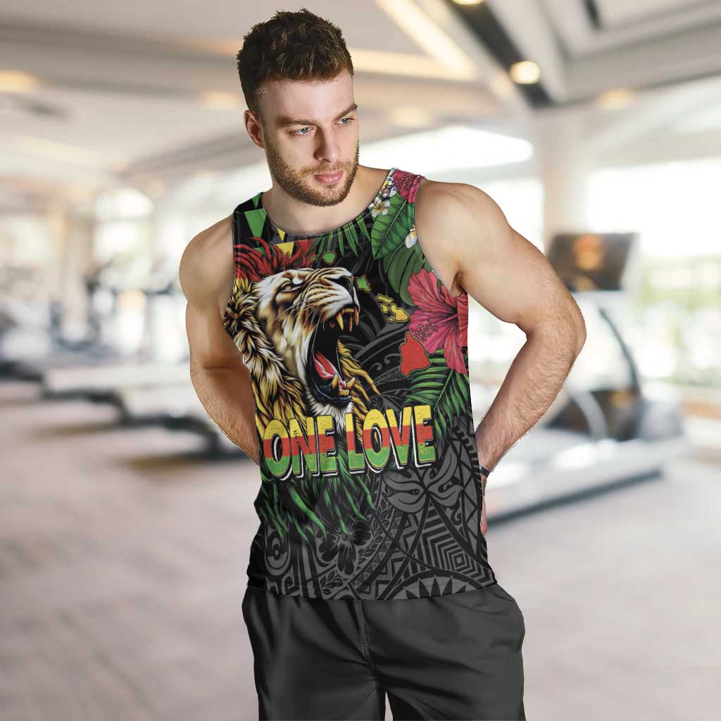 Hawaiian One Love Men Tank Top Reggae Lion Tropical Plants and Kakau with Tribal Pattern LT03 Black - Polynesian Pride