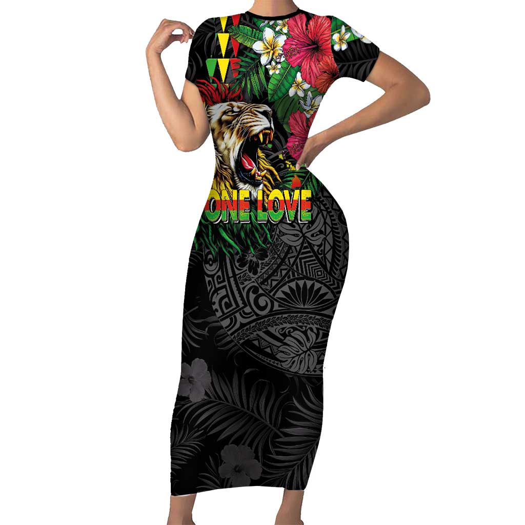 tribal print bodycon dress Hawaiian One Love Short Sleeve Reggae Lion Tropical Plants and Kakau with Pattern Hawaiian shirt
