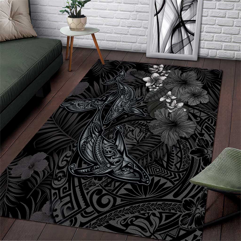 Hawaiian Tropical Plants and Tribal Whales Area Rug Polynesian Art Tattoo Grayscale LT03 Black - Polynesian Pride