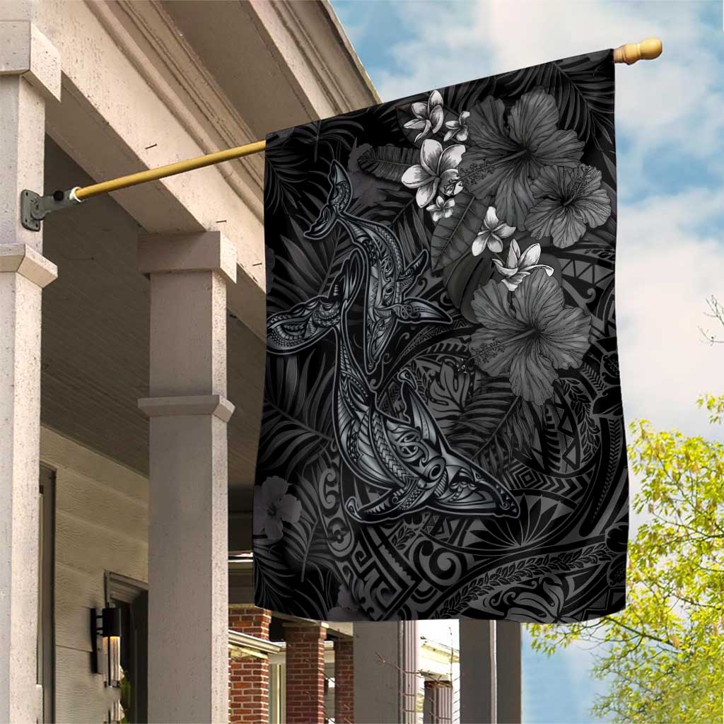 Hawaiian Tropical Plants and Tribal Whales Garden Flag Polynesian Art Tattoo Grayscale LT03 House Flag Black - Polynesian Pride