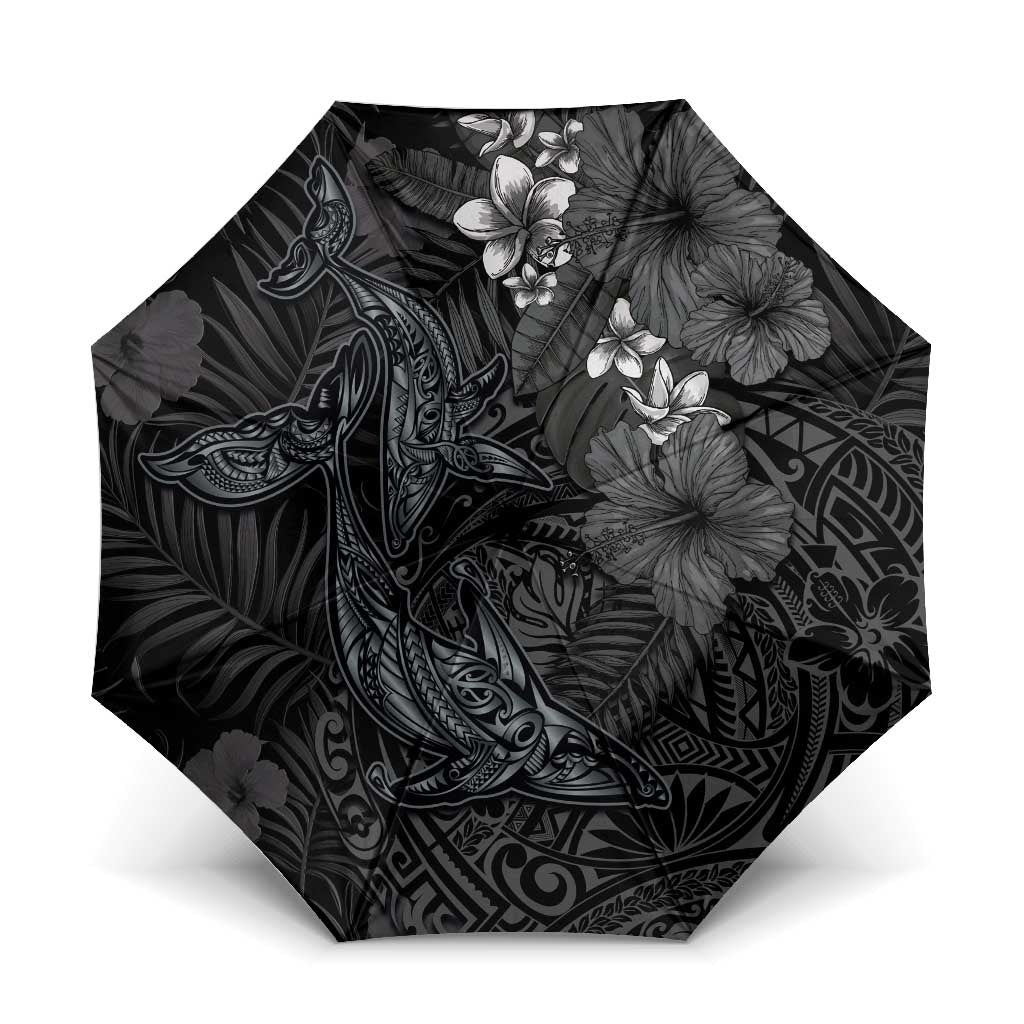 Hawaiian Tropical Plants and Tribal Whales Umbrella Polynesian Art Tattoo Grayscale LT03 One Size Folded 11.42 inch Opened Diameter 37.4 inch Black - Polynesian Pride