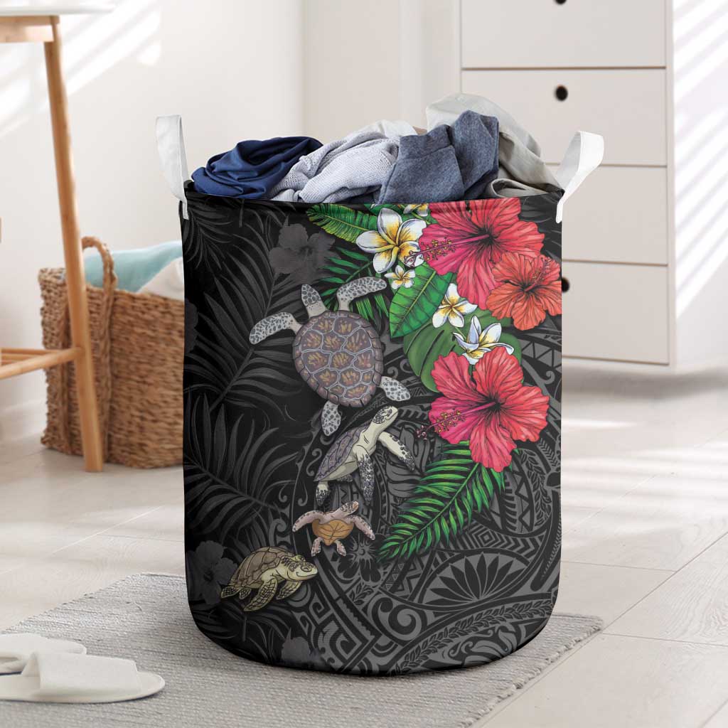 Hawaiian Tropical Plants and Turtles Laundry Basket Polynesian Art Motifs LT03 Black - Polynesian Pride