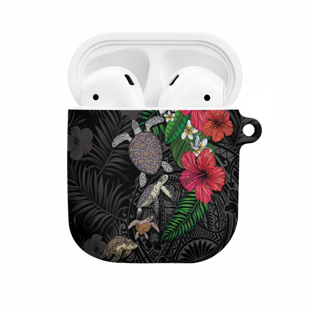 Hawaiian Tropical Plants and Turtles AirPods Case Polynesian Art Motifs LT03 Black - Polynesian Pride