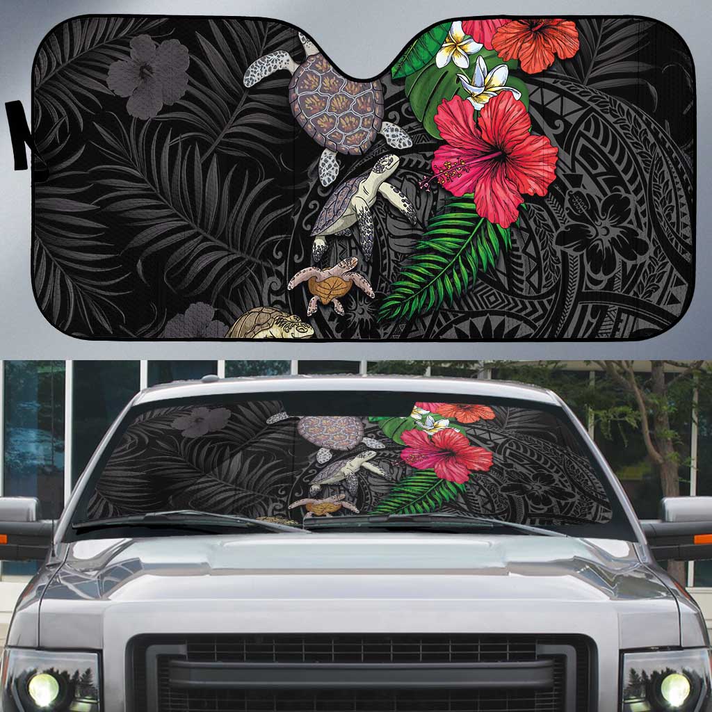 Hawaiian Tropical Plants and Turtles Auto Sun Shade Polynesian Art Motifs LT03 Black - Polynesian Pride