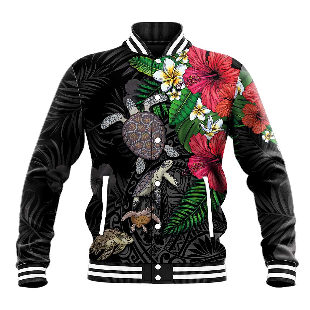 Hawaiian Tropical Plants and Turtles Baseball Jacket Polynesian Art Motifs LT03 Unisex Black - Polynesian Pride