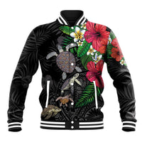 Hawaiian Tropical Plants and Turtles Baseball Jacket Polynesian Art Motifs LT03 Unisex Black - Polynesian Pride
