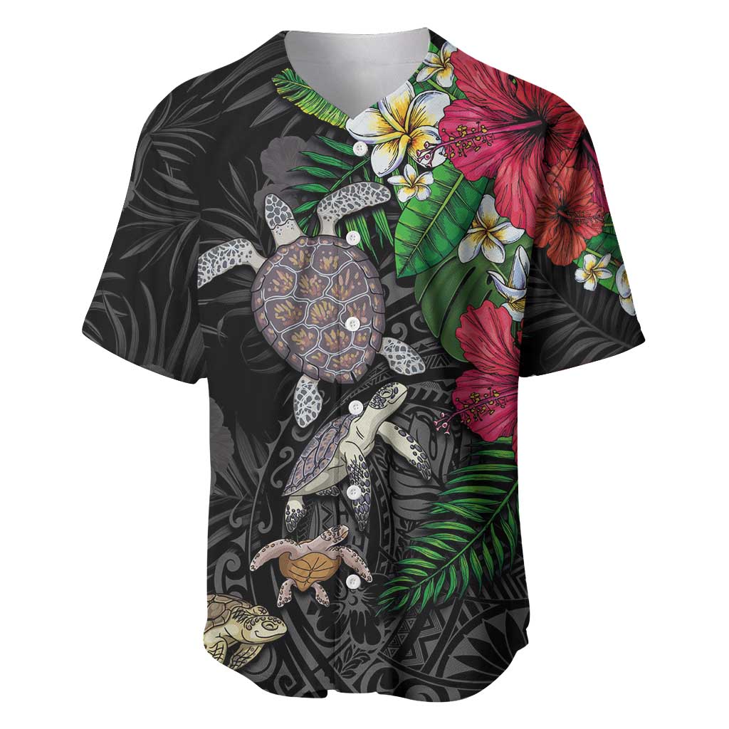 Hawaiian Tropical Plants and Turtles Baseball Jersey Polynesian Art Motifs LT03 Black - Polynesian Pride