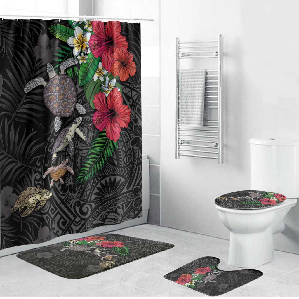 Hawaiian Tropical Plants and Turtles Bathroom Set Polynesian Art Motifs LT03 Bathroom Set (4 pcs) Black - Polynesian Pride