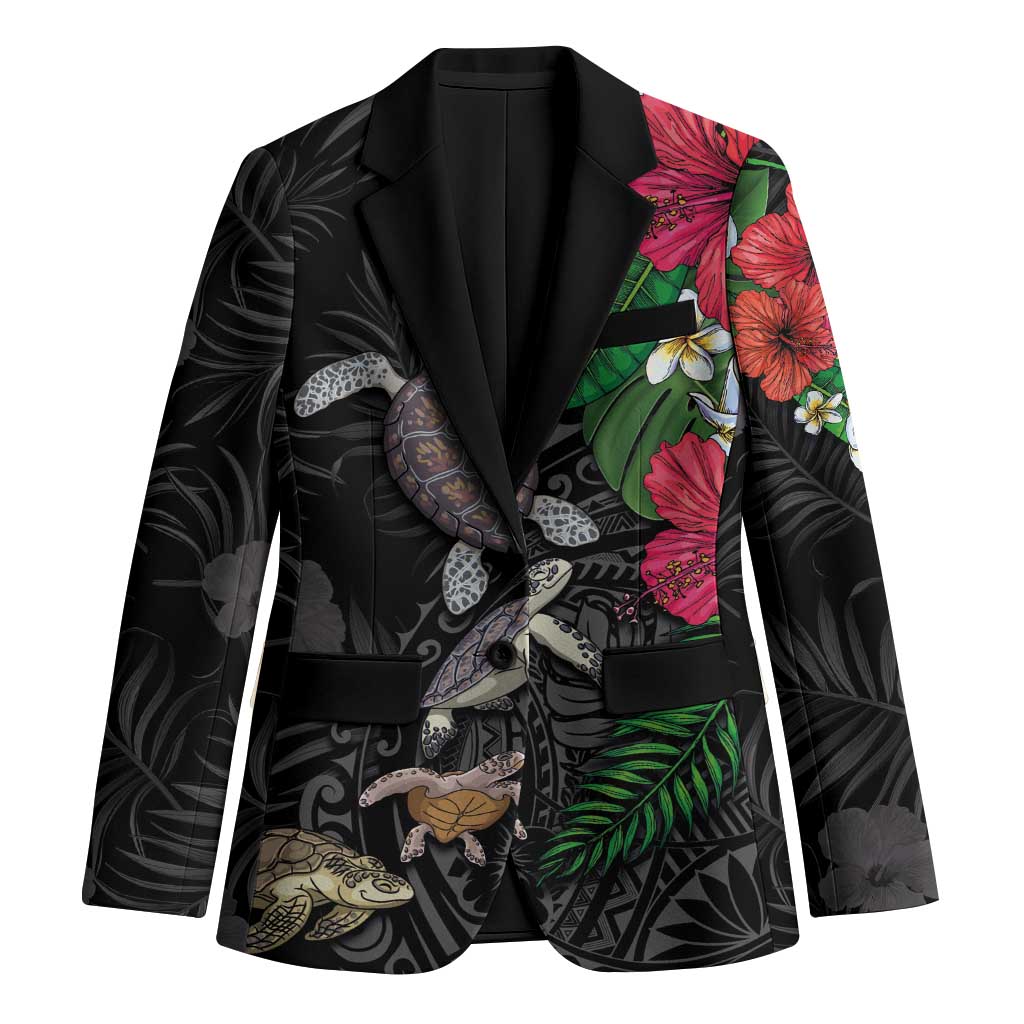 Hawaiian Tropical Plants and Turtles Blazer Polynesian Art Motifs LT03 Unisex Black - Polynesian Pride