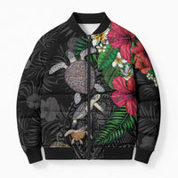 Hawaiian Tropical Plants and Turtles Bomber Puffer Jacket Polynesian Art Motifs LT03 Unisex Black - Polynesian Pride