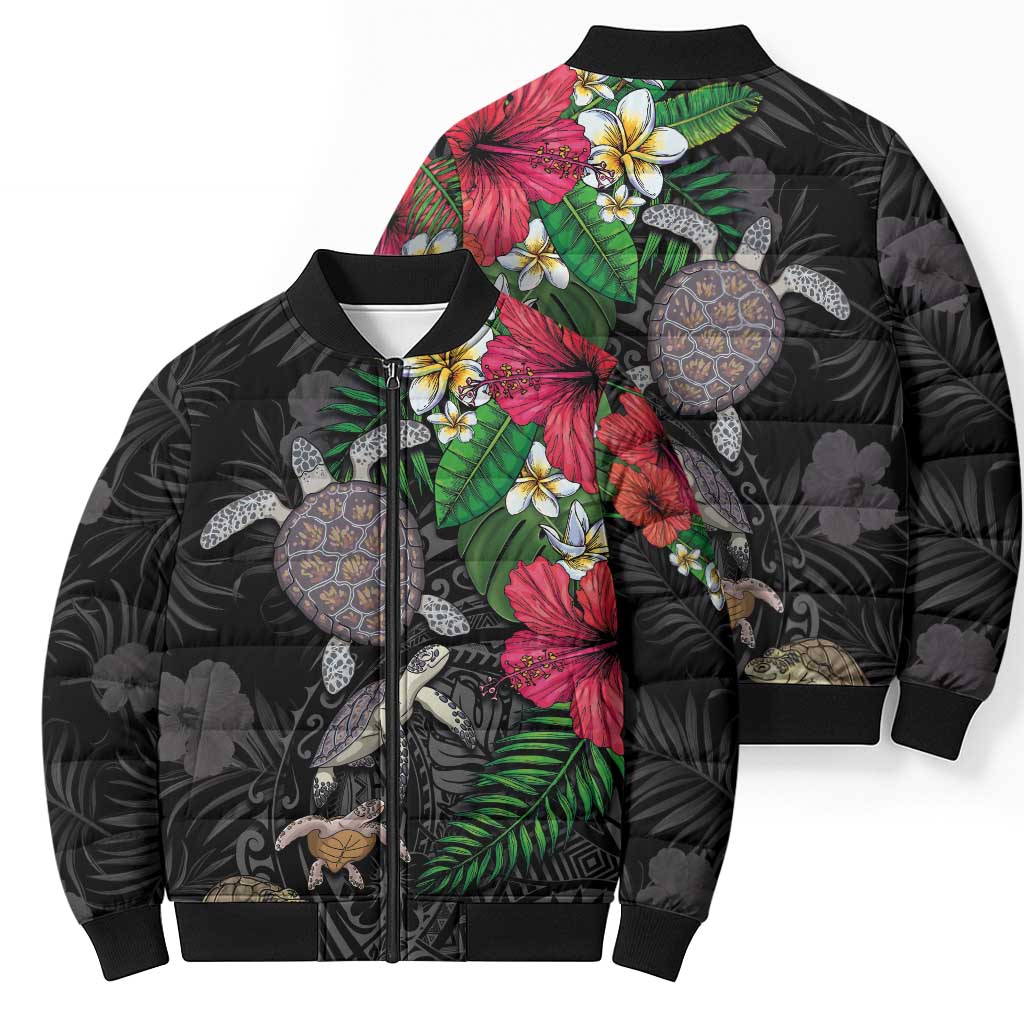 Hawaiian Tropical Plants and Turtles Bomber Puffer Jacket Polynesian Art Motifs LT03 - Polynesian Pride