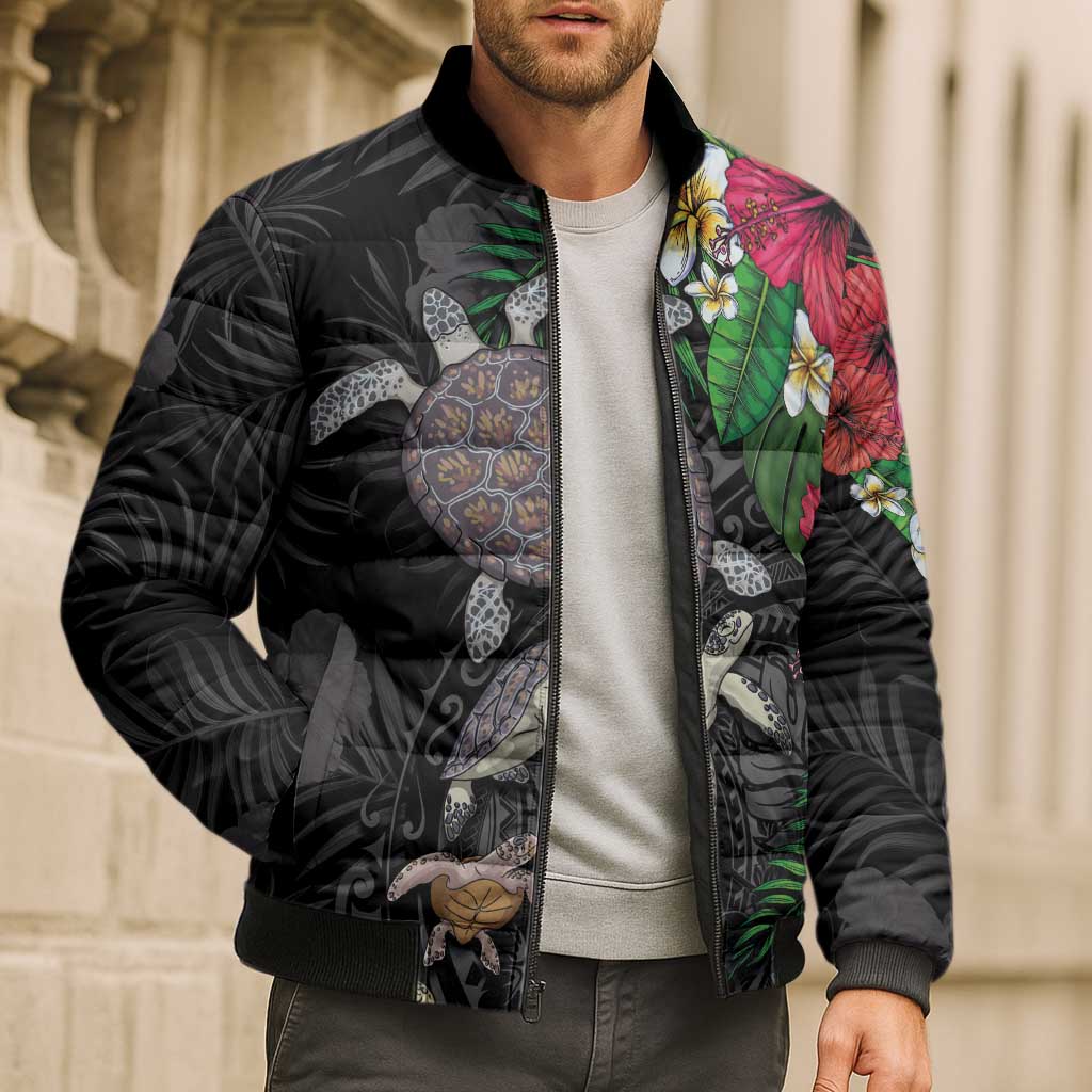 Hawaiian Tropical Plants and Turtles Bomber Puffer Jacket Polynesian Art Motifs LT03 - Polynesian Pride