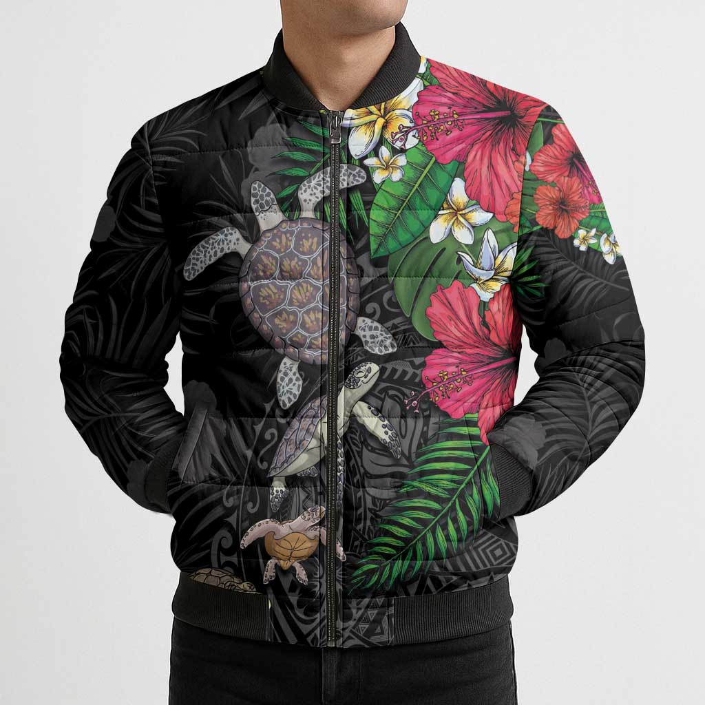Hawaiian Tropical Plants and Turtles Bomber Puffer Jacket Polynesian Art Motifs LT03 - Polynesian Pride