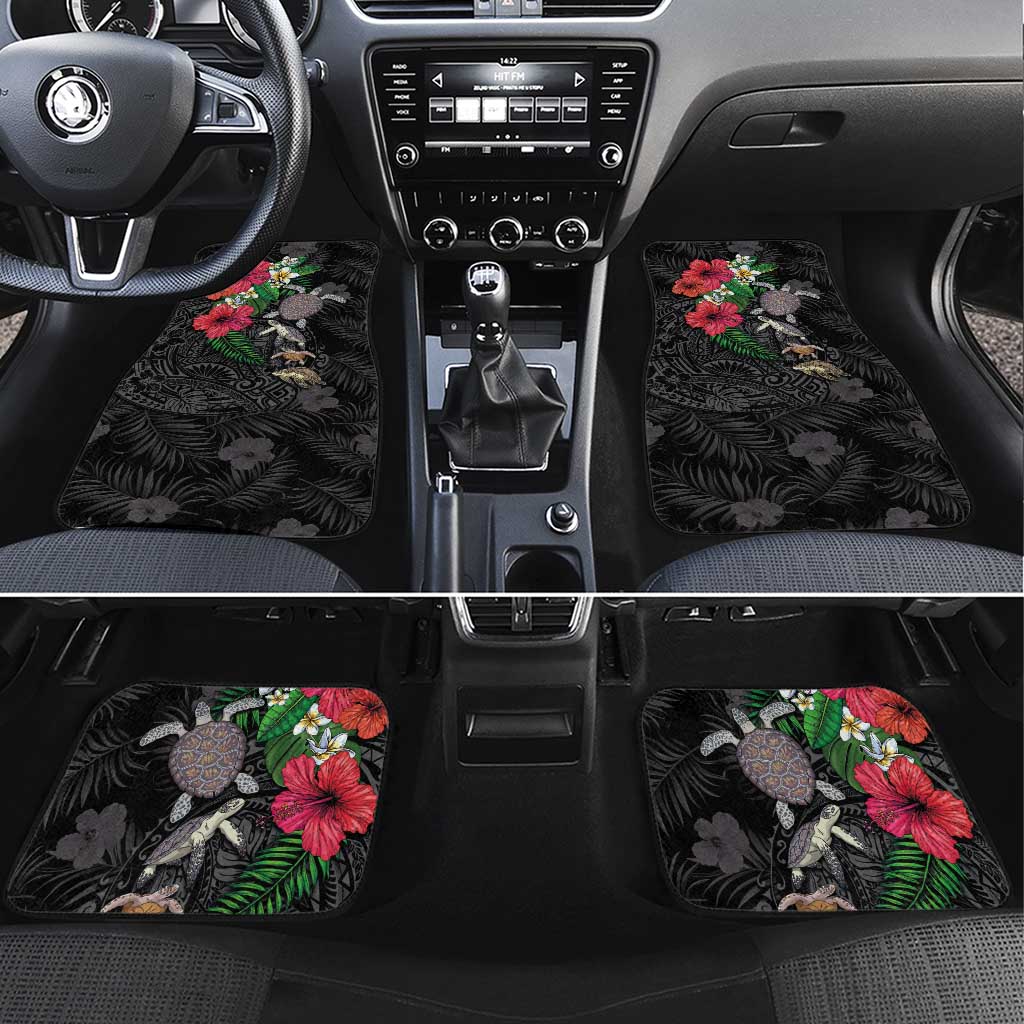 Hawaiian Tropical Plants and Turtles Car Mats Polynesian Art Motifs LT03 Set 4pcs Black - Polynesian Pride