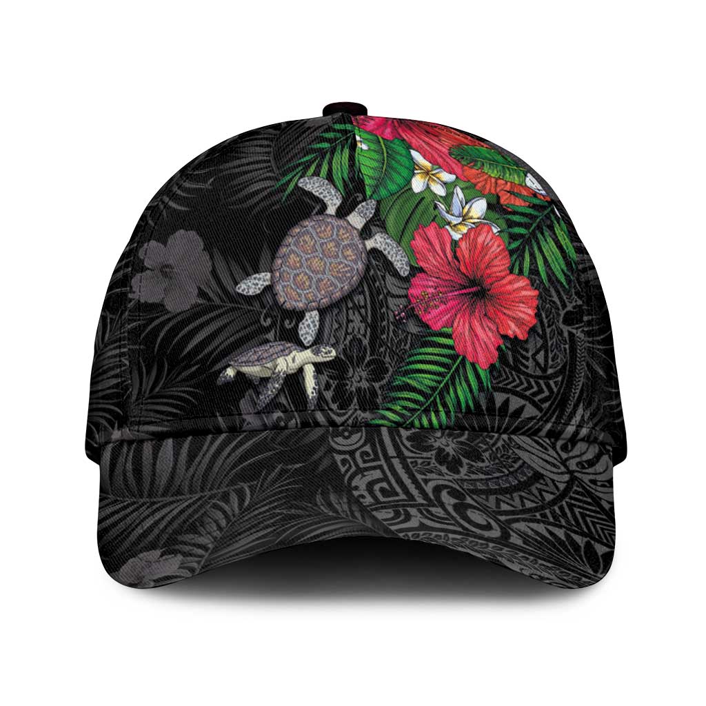 Hawaiian Tropical Plants and Turtles Classic Cap Polynesian Art Motifs LT03 Universal Fit Black - Polynesian Pride