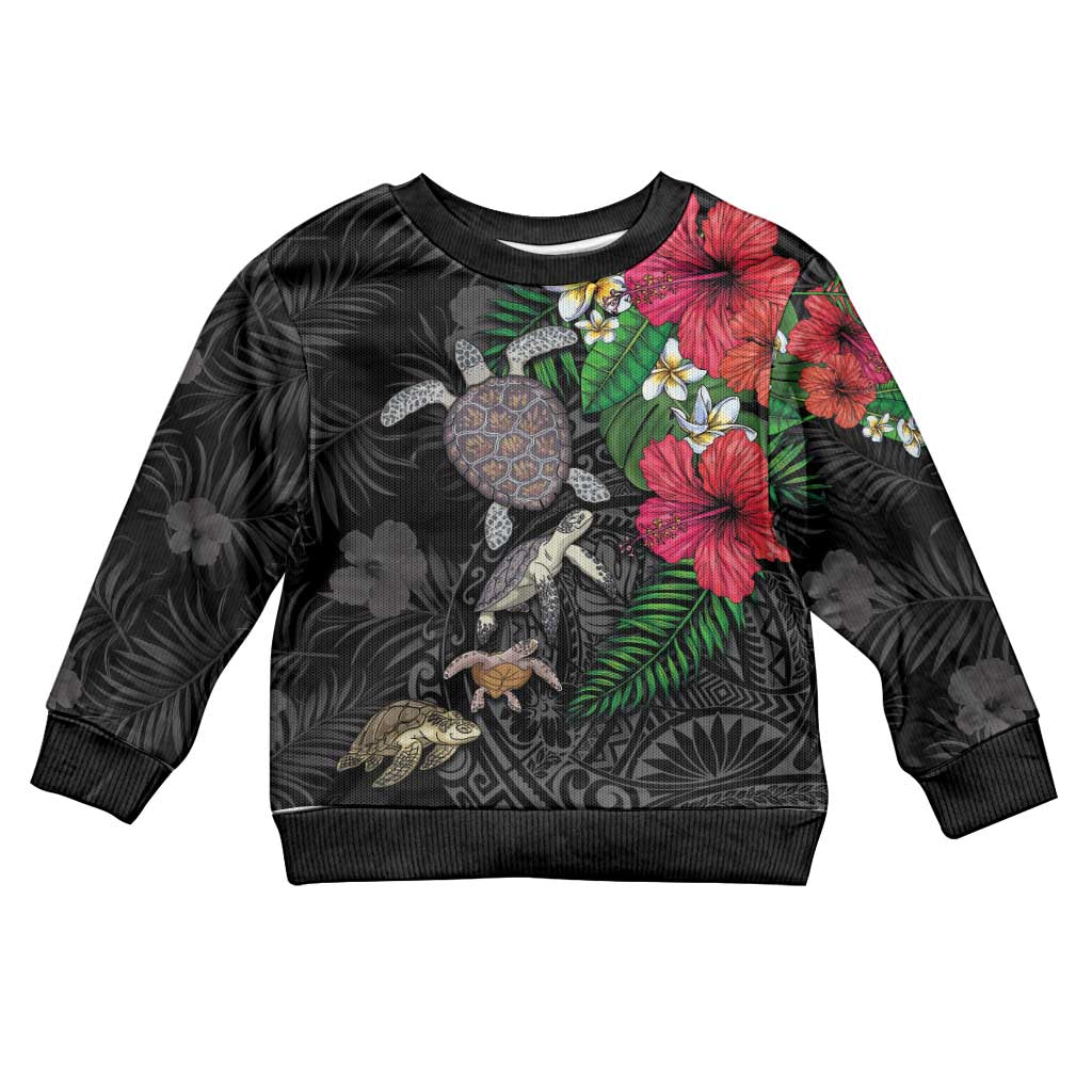 Hawaiian Tropical Plants and Turtles Kid Ugly Christmas Sweater Polynesian Art Motifs LT03 Kid Black - Polynesian Pride