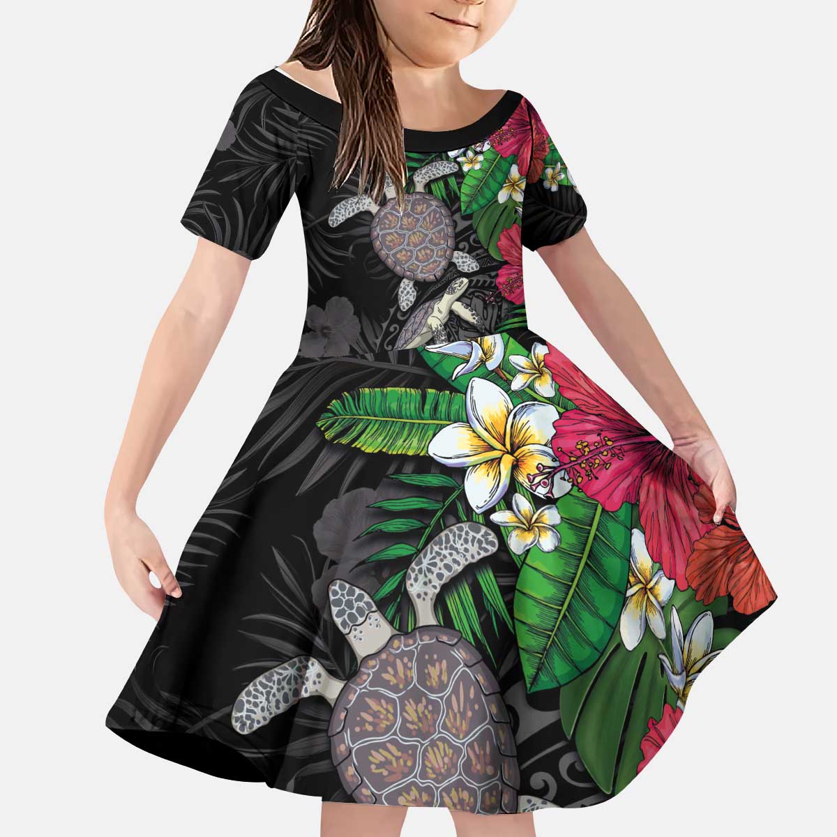 Hawaiian Tropical Plants and Turtles Kid Short Sleeve Dress Polynesian Art Motifs LT03 KID Black - Polynesian Pride