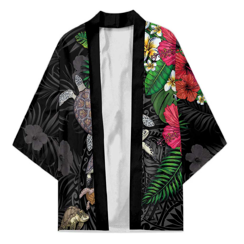Hawaiian Tropical Plants and Turtles Kimono Polynesian Art Motifs LT03 Unisex Black - Polynesian Pride