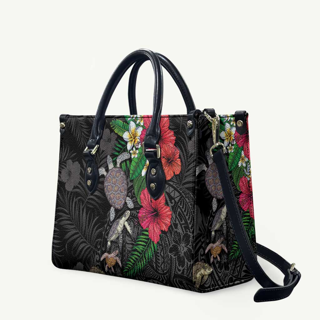 Hawaiian Tropical Plants and Turtles Leather Bag Polynesian Art Motifs LT03 Black - Polynesian Pride