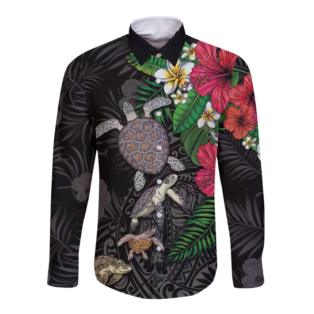 Hawaiian Tropical Plants and Turtles Long Sleeve Button Shirt Polynesian Art Motifs LT03 Unisex Black - Polynesian Pride