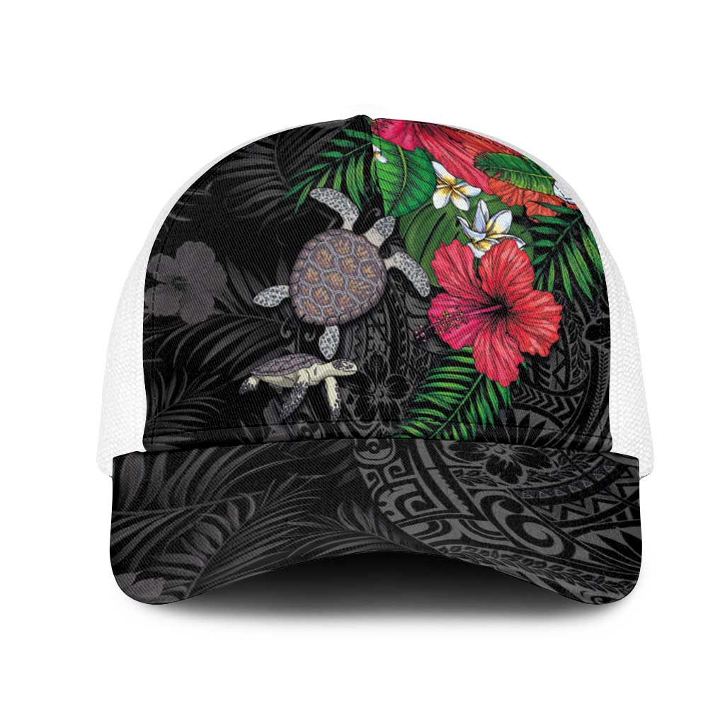 Hawaiian Tropical Plants and Turtles Mesh Trucker Cap Polynesian Art Motifs LT03 One Size White Black - Polynesian Pride